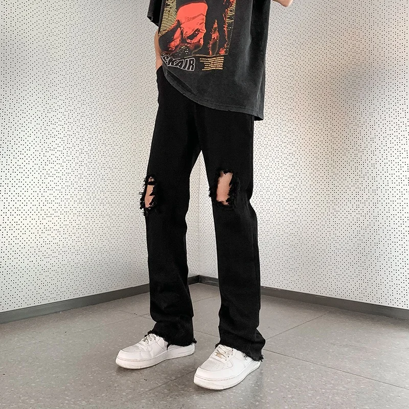 

American Vibe Men's Casual Loose Straight Leg Jeans Bla Hole Punching Street Hip Hop Trendy Brand Micro Flared Pants