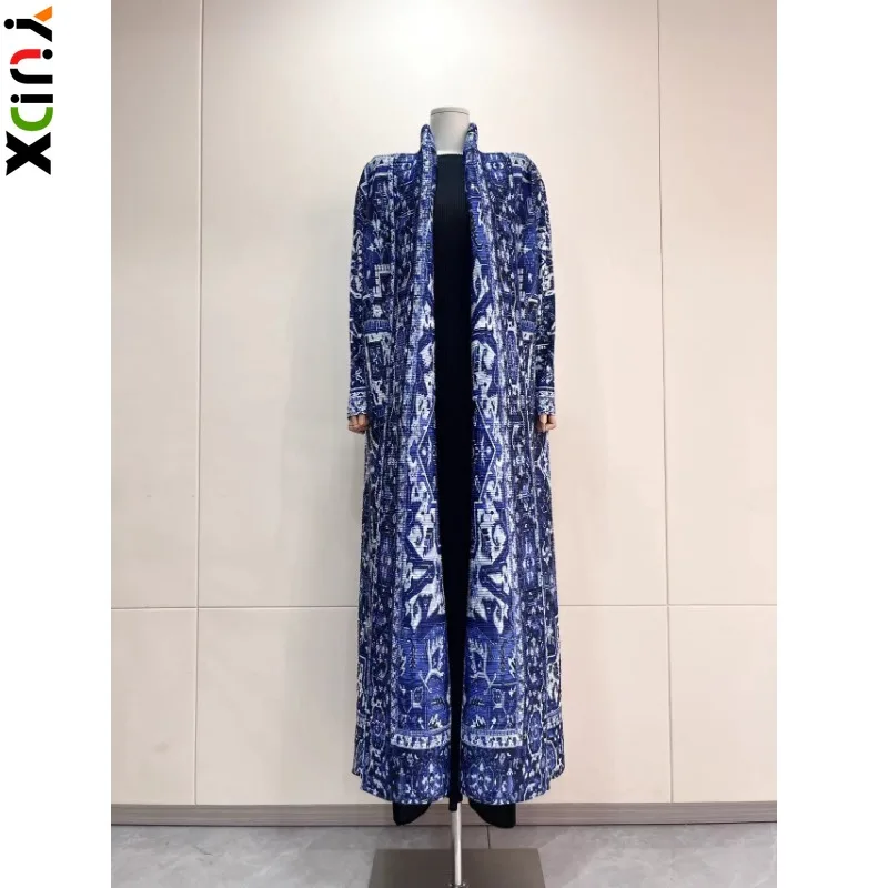 

YUDX Miyake Pleated Turndown Collar Long Sleeve Vintage Printed Dress Women Arab Designer Original Fashion Loose Coat 2024 New