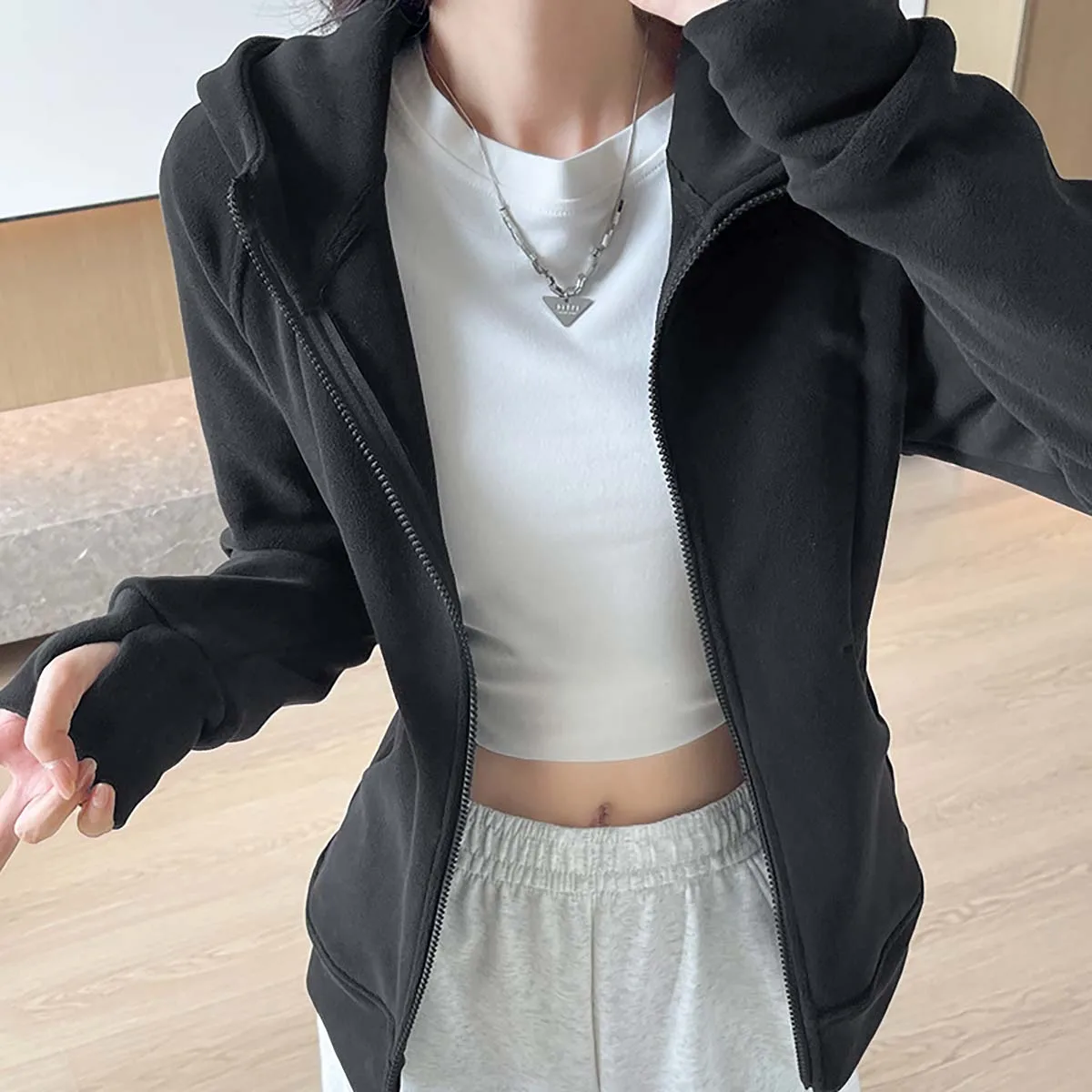 Chaqueta de Yoga de lana con cremallera completa para mujer, chaqueta atlética de manga larga para correr, chaqueta térmica para entrenamiento de Yoga con capucha