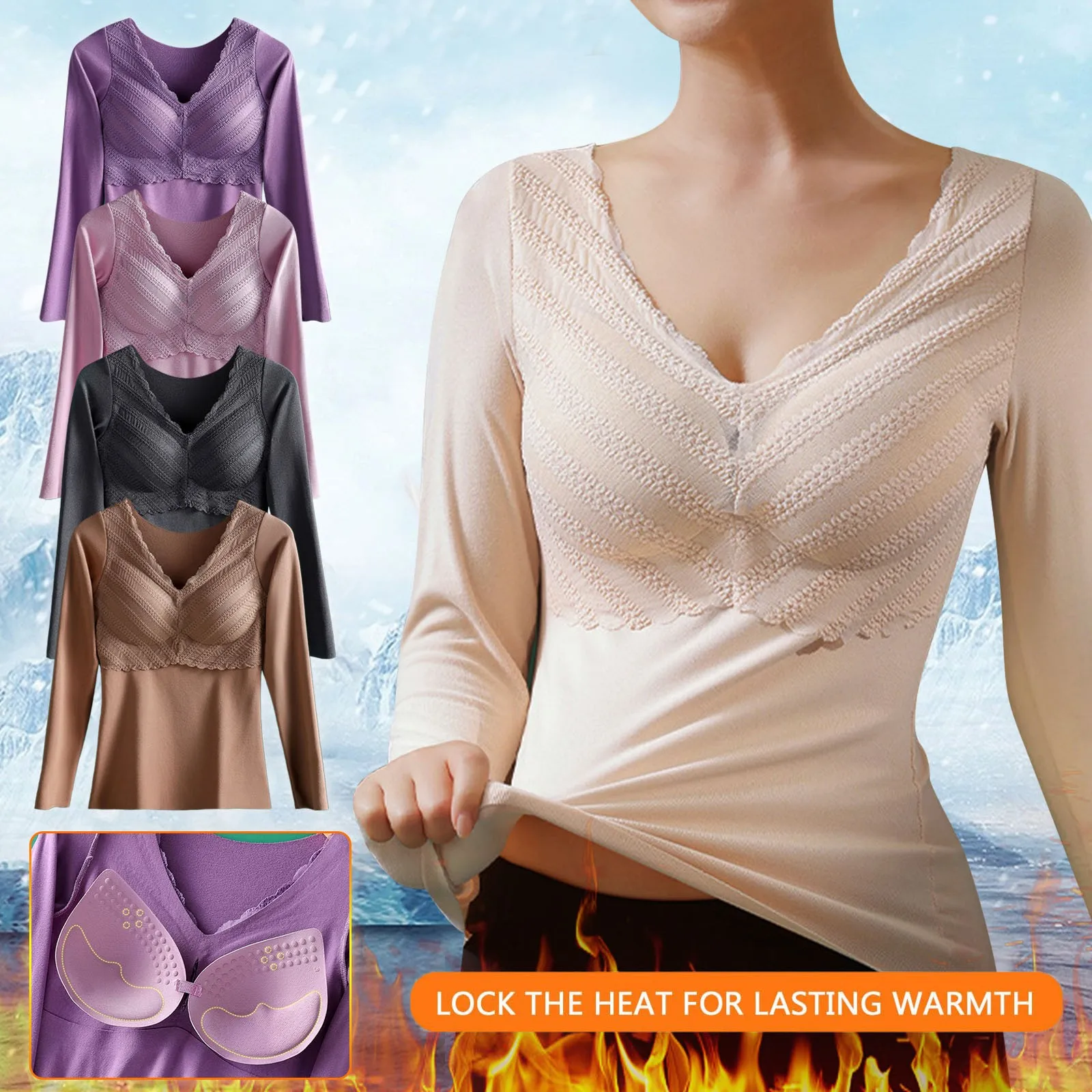 Heat Tech Shirt Top Women'S Breathable Sheer Mesh V Neck Thermal Underwear Brushed Cold Weather Pajama Ropa Termica Para Mujer