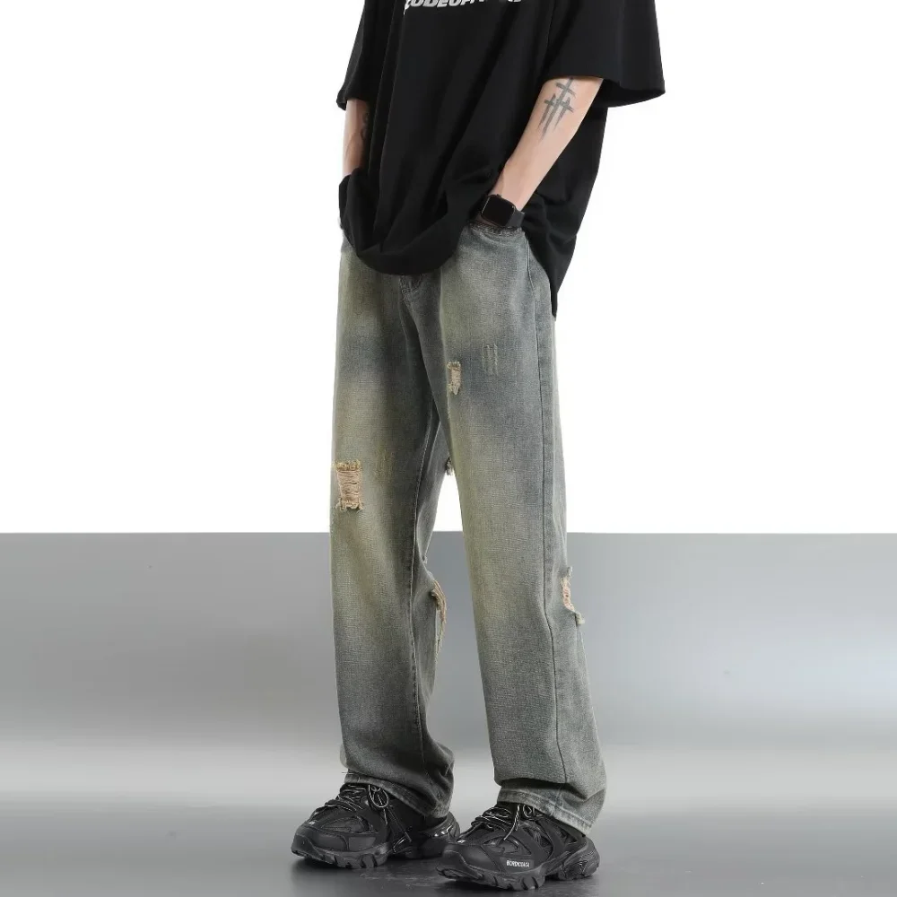 2025 Autumn Jeans Slim Hole Jeans For Men With Five-Pointed Star Ripped Jeans Street Casual Blue Denim Pants y2k streetwear