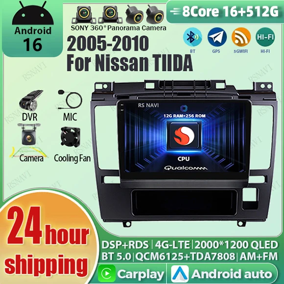Android 16 Carplay Auto Qualcomm 2K QLED Screen Car Radio Player For Nissan TIIDA 2005-2010 GPS Stereo Wifi BT 4G Navigation DSP
