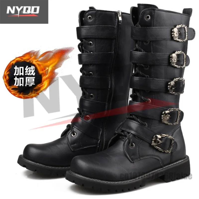 

Winter Men's Leather Motorcycle shoes Punk Chain Mid-calf Platform Boots Gothic Military Combat shoes for Men Biker Boots Men