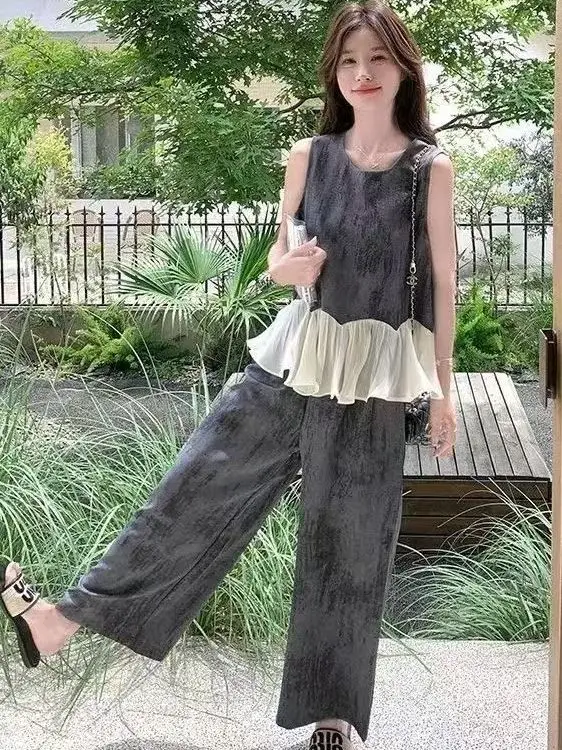 

Korean Style Vintage Loose Fit Vest And Wide Leg Pants Set Women's Spring Summer Two Piece Set Cool And Dynamic Patchwork