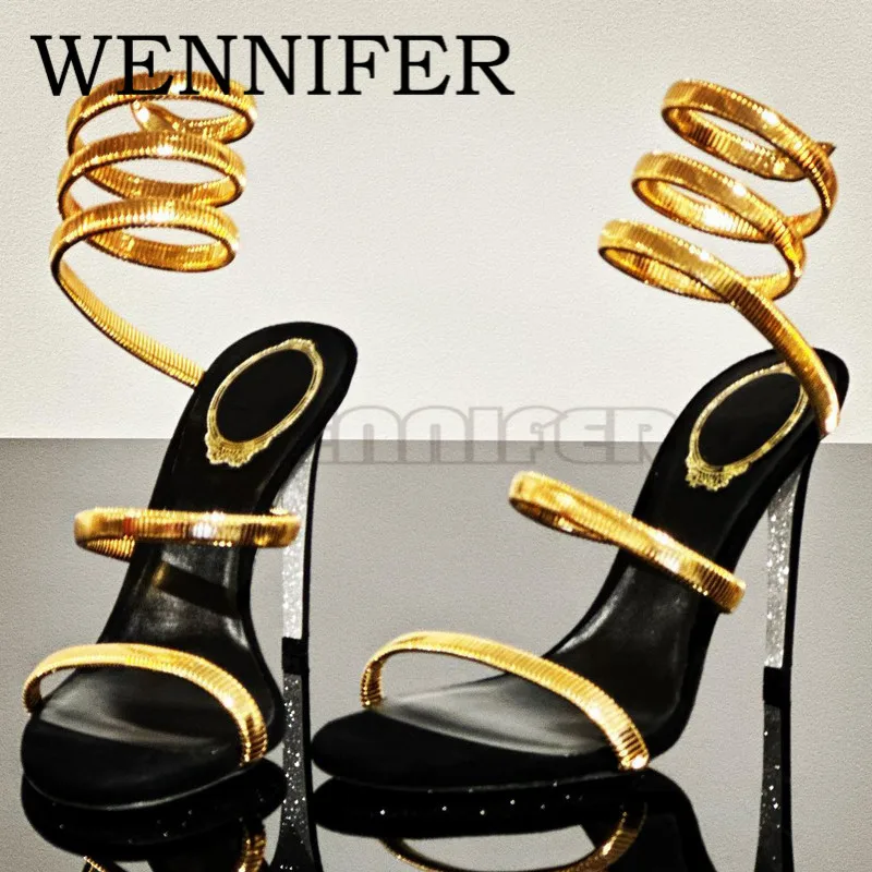 Gold-tone 95mm Coiled Ankle Strap Sandals Round Open Toe Calf Leather Sandals Ladies Party Dress High Stiletto Heels Sandalias