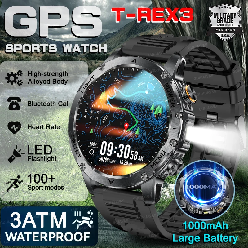 2025 في الهواء الطلق T-Rex 3 جديد العسكرية الصف 1000mAh بطارية ساعة ذكية الرجال GPS IP69K إضاءة مقاومة للماء مصباح يدوي HD دعوة ساعة رياضية