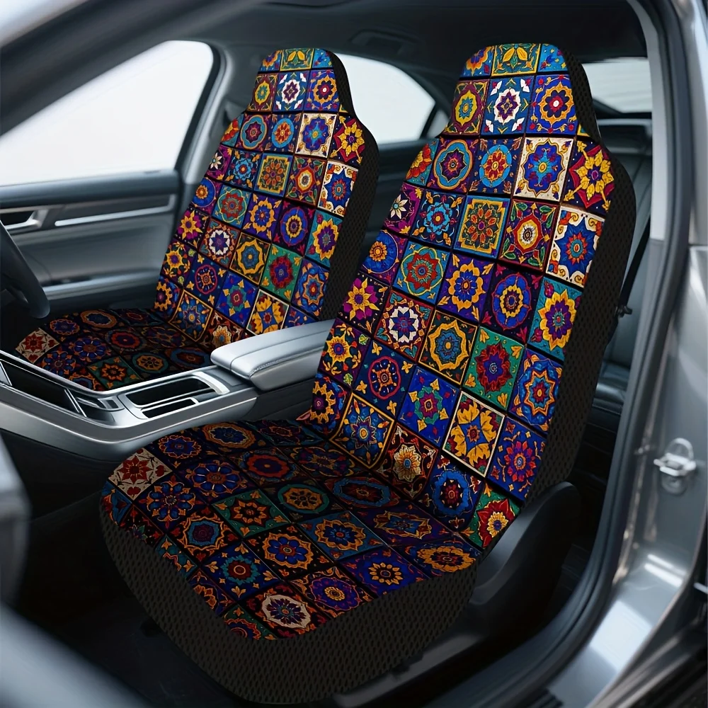 2pcs, Bohemian Floral Pattern Abstract Colorful Print Front Seat Covers, Helps Maintain Original Front Upholstery Condition, Qui