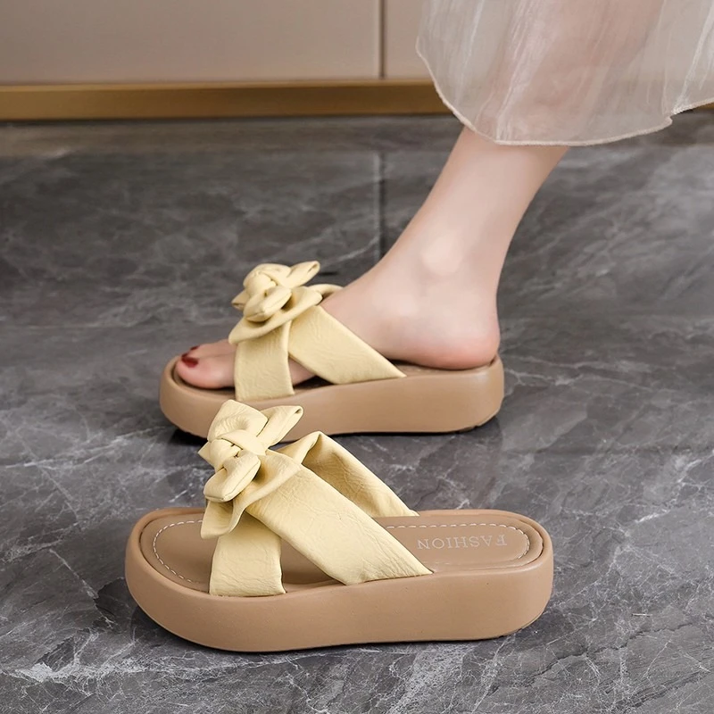 

Bow Platform Slippers Women's Fashion Round Toe Open Toe Cross Strap Soft Sole Non-Slip Flats