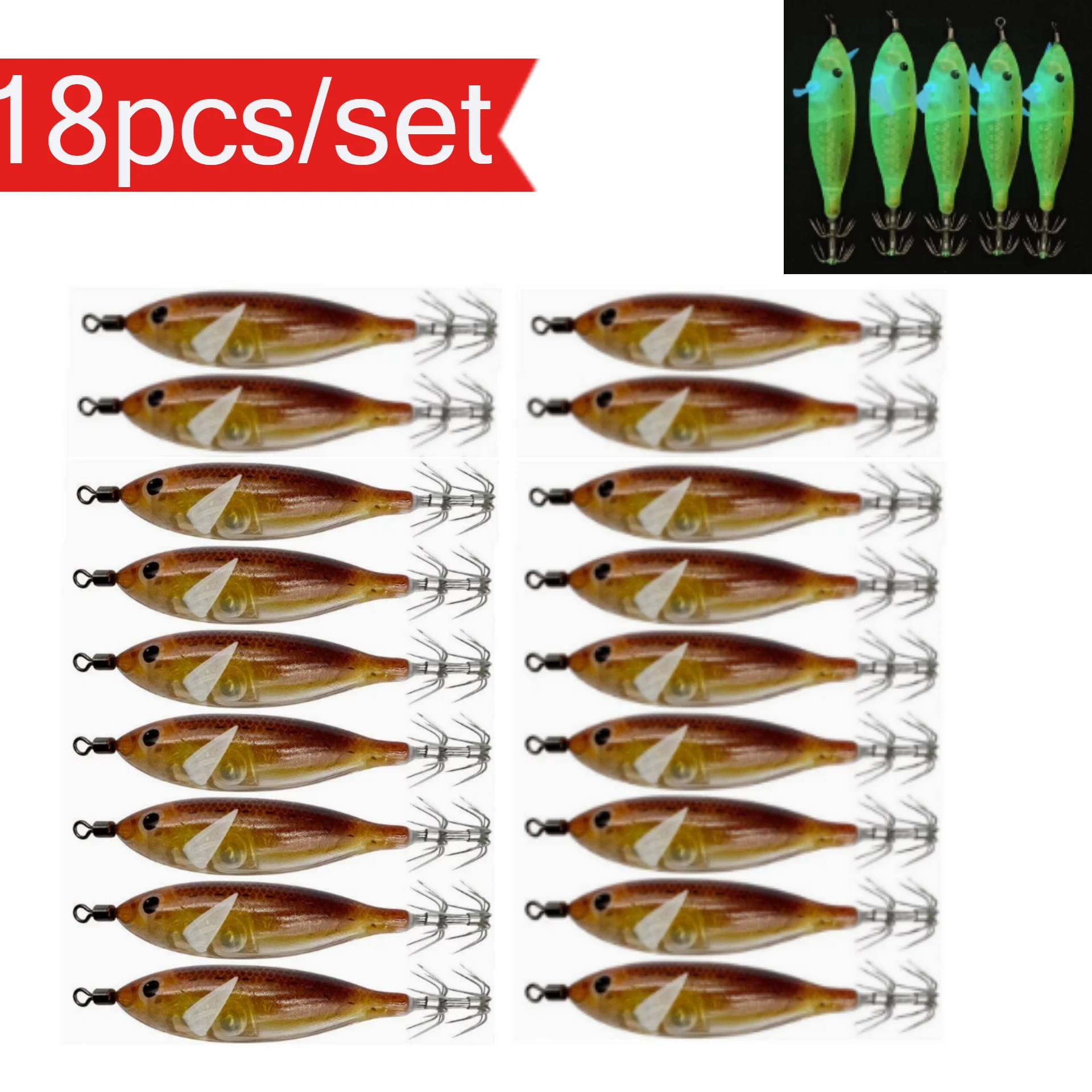 18 Stück/Set Leuchtender Tintenfisch-Jig 8cm/5,7g Garnelen-Angelköder Haken Meeresfischerei-Zubehör Künstlicher Köder Oktopus-Köder