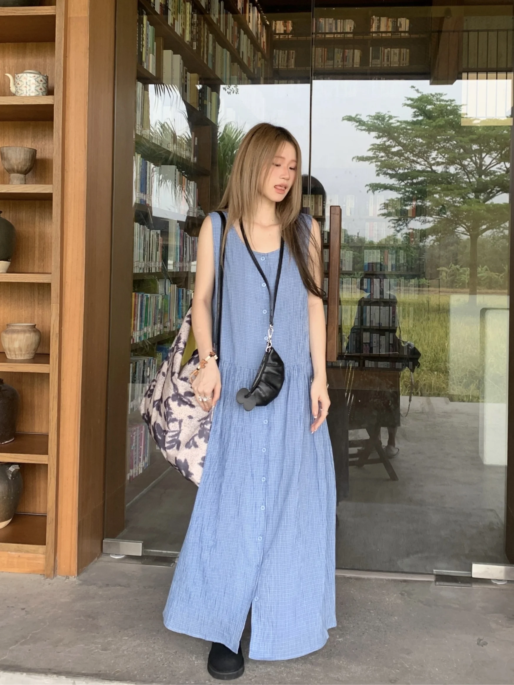 

plus Size Women's Plaid Vest Dress Summer New Loose Slimming Unique Design Anti-Aging Long Skirt Korean Style round Neck Dress