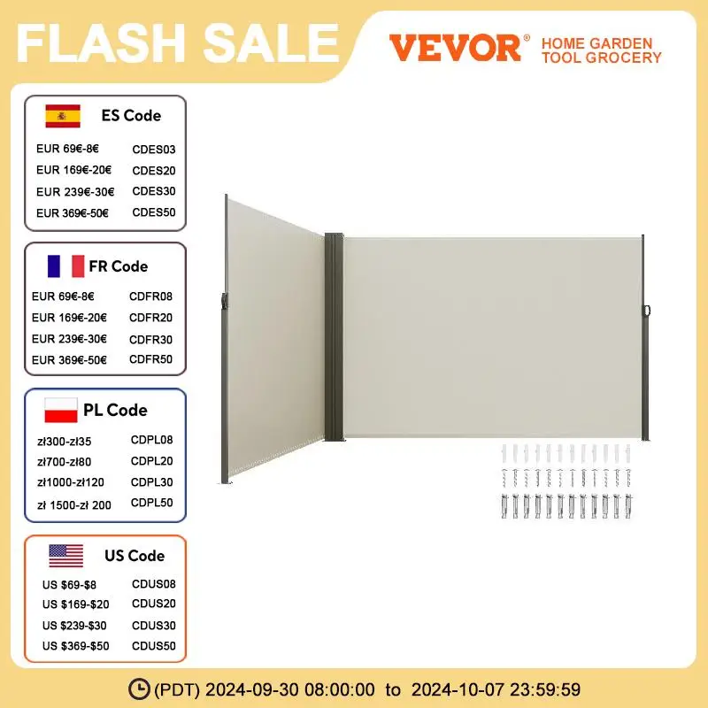 

VEVOR Retractable Side Awning 79"x 236" Outdoor Privacy Screen Water-proof Retractable Patio Screen UV 30+ Patio Wind Screen