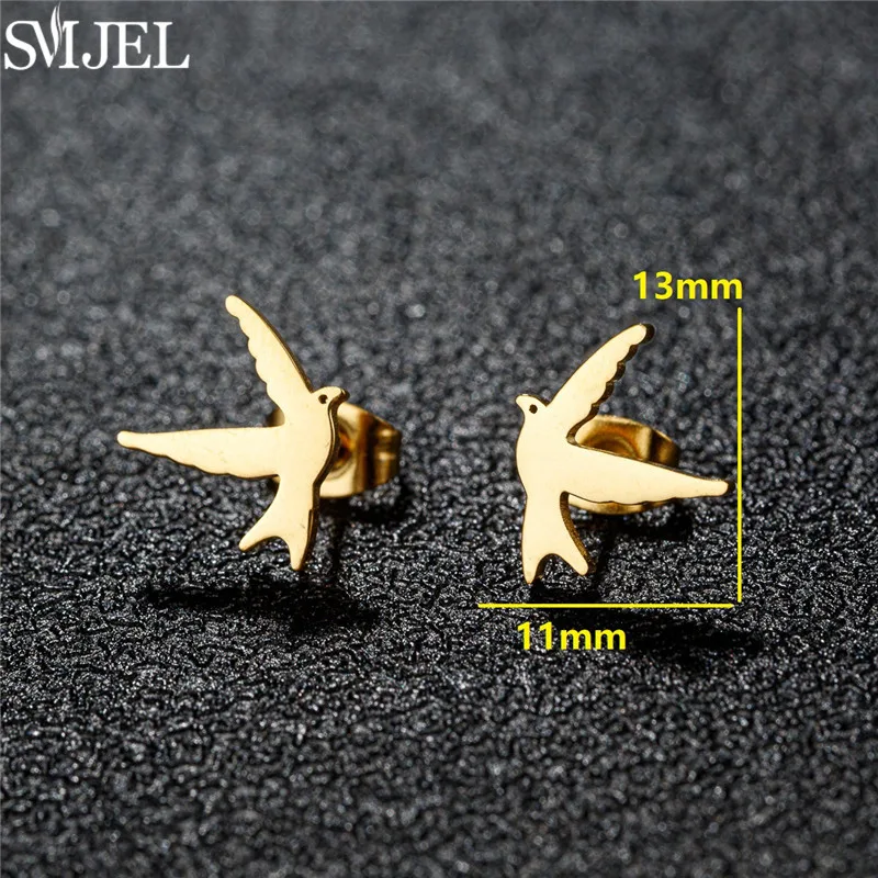 SMJEL 2024 Stainless Steel Earrings Small Butterfly Dove Dragonfly Animal Stud Earrings Women Jewelry Leaf Ear Piercing Gift