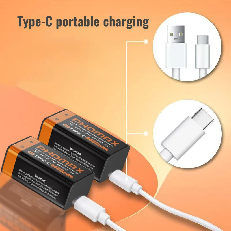 PHOMAX  9 Volt Type C Smart USB Charging Lithium Ion Battery 6F22 Rechargeable 9 Volt Type C Lithium Battery Pack USB