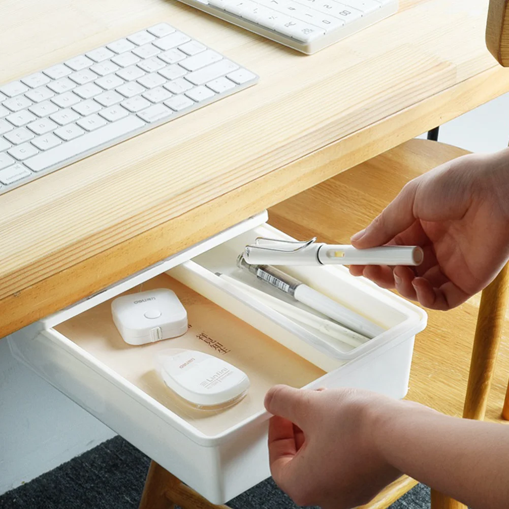 

Desk Bottom Storage Box Hidden Drawer Under Table Office Organizer Stationery Files Jewelry Cover White Size S Abs Pp Material