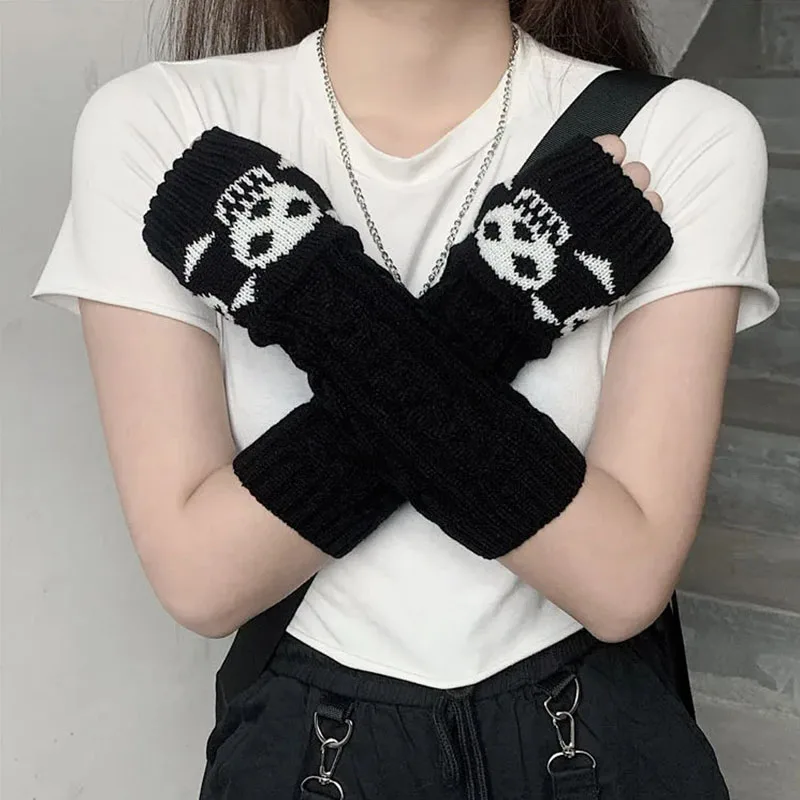 Gothic Knitted Winter Gloves for Women Men Stretch Skull Design Dark Ninja Elbow Length Arm Warmers Hipster Black Long Mittens