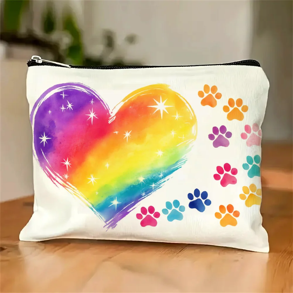 

A Cute Rainbow Heart-shaped Makeup Bag With Paw Prints- Multifunctional Zipper Pouch, Jewelry Storage Bag, Perfect Travel Zipper