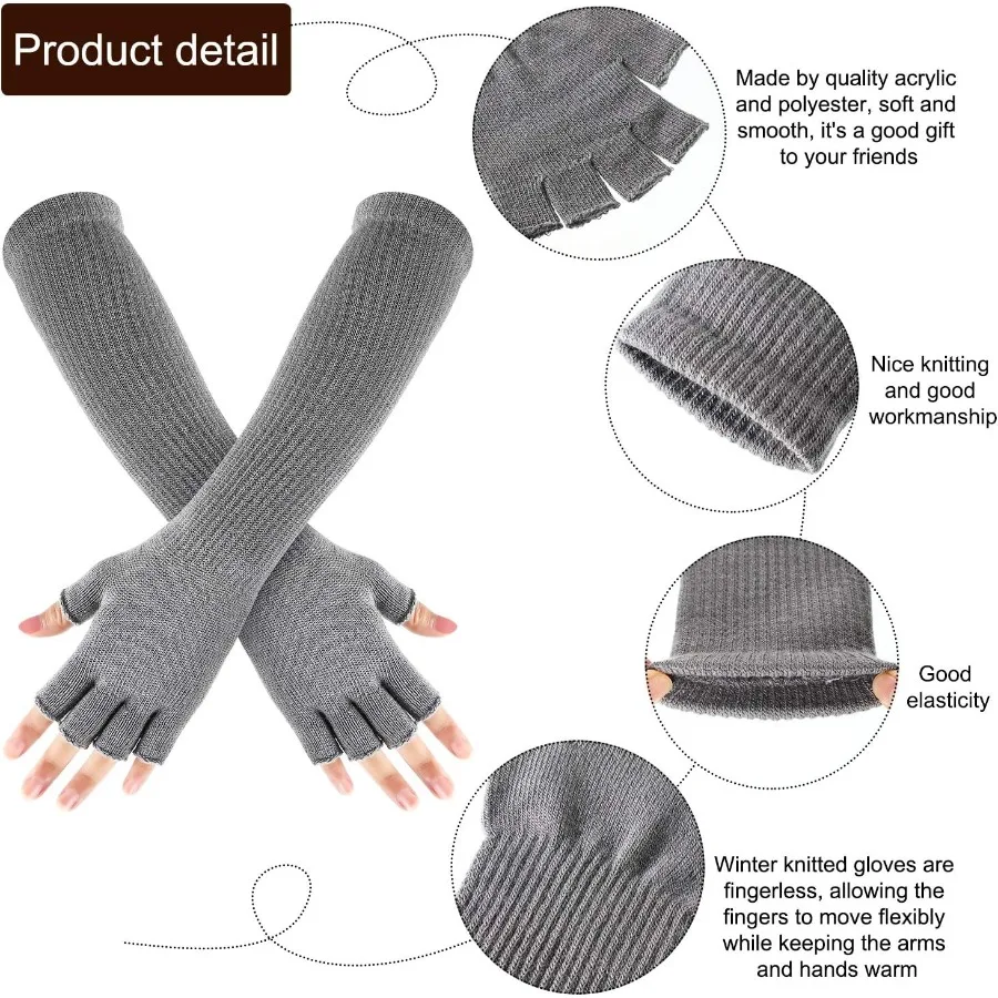 2 أزواج الشتاء أصابع قفازات طويلة الحرارية محبوك القفازات بسط مدفئات للذراع نصف اصبع قفازات للرجال النساء 11 بوصة لكل #3