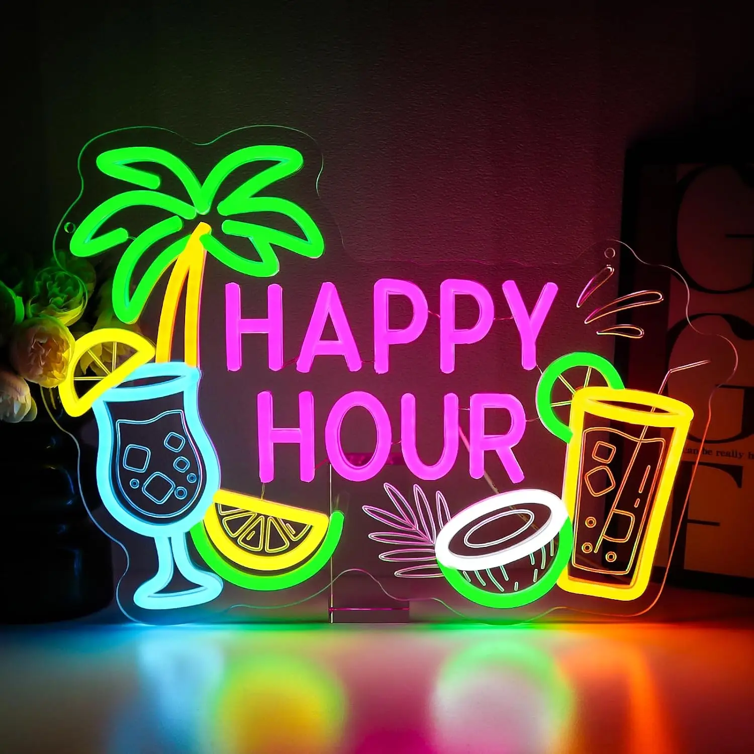 Happy Hour LED Neon Sign USB Powered Beach Bar Holiday Neon Light Cafe Tiki Bar Home Bar Basement Summer Party Decor Gift Lamp