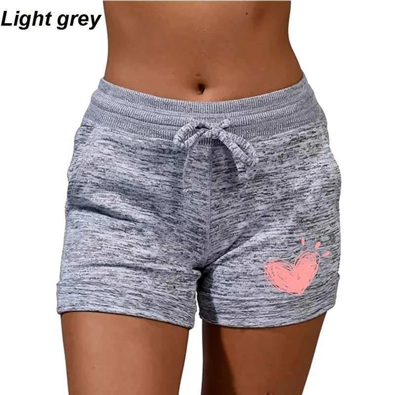 Summer Pink Heart Printed Womens Quick-drying Shorts Yoga Pants Casual Sports High Waist Drawstring Fitness Shorts