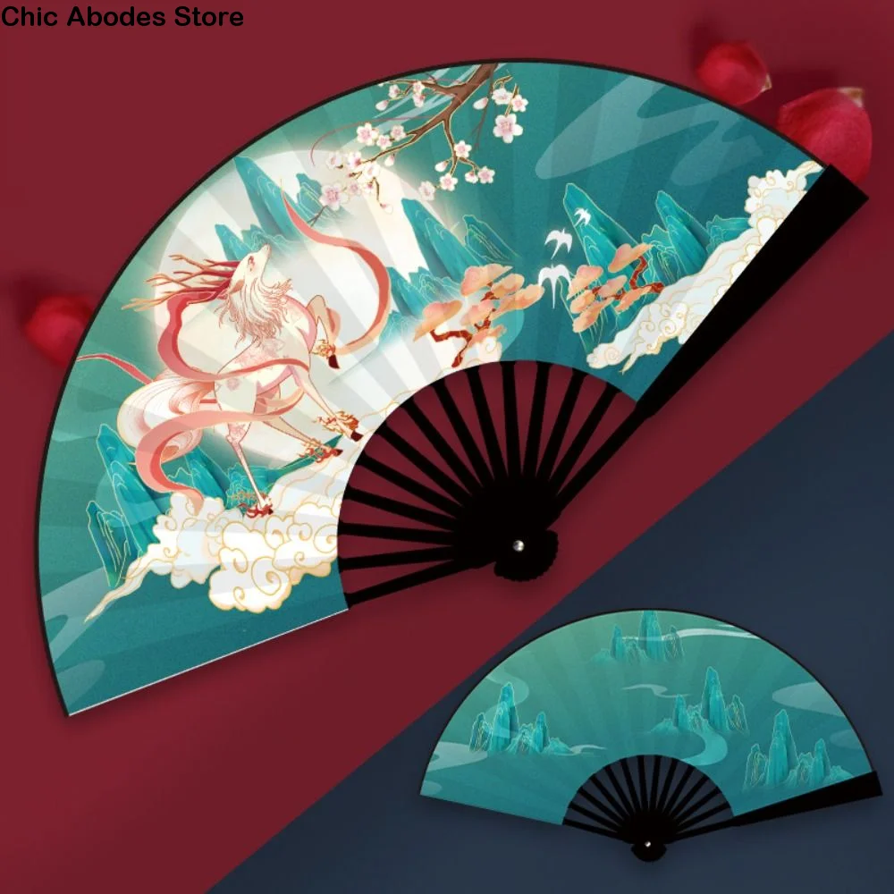 Oriental Mythology Taffeta Folding Fan ABS Plastic Handle Foldable Hand Fan Vintage Chinese Style Bamboo Fan Home Decor