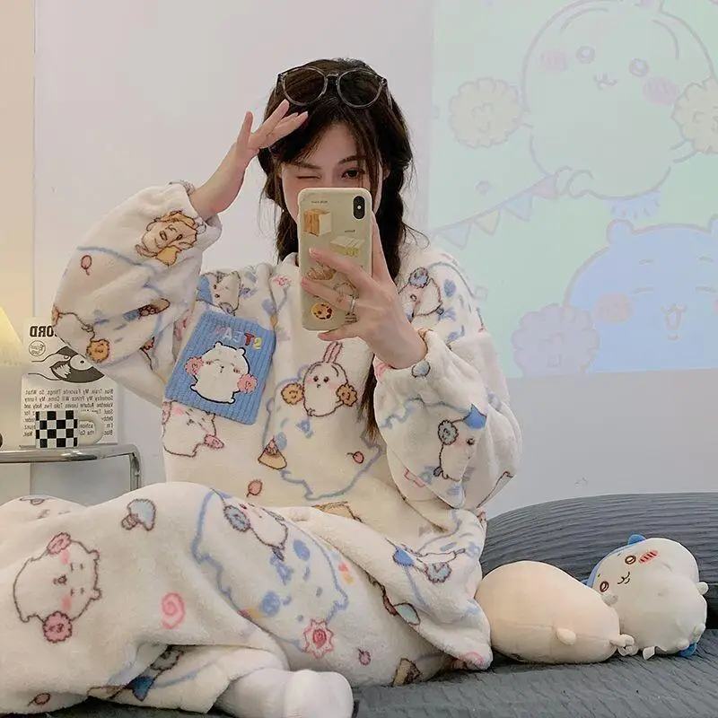 Anime Chiikawa Girl Pajamas Winter Sleepwear Women's Hachiware Thickened Velvet Home Clothes Cartoon Usagi Flannel Coral Gift
