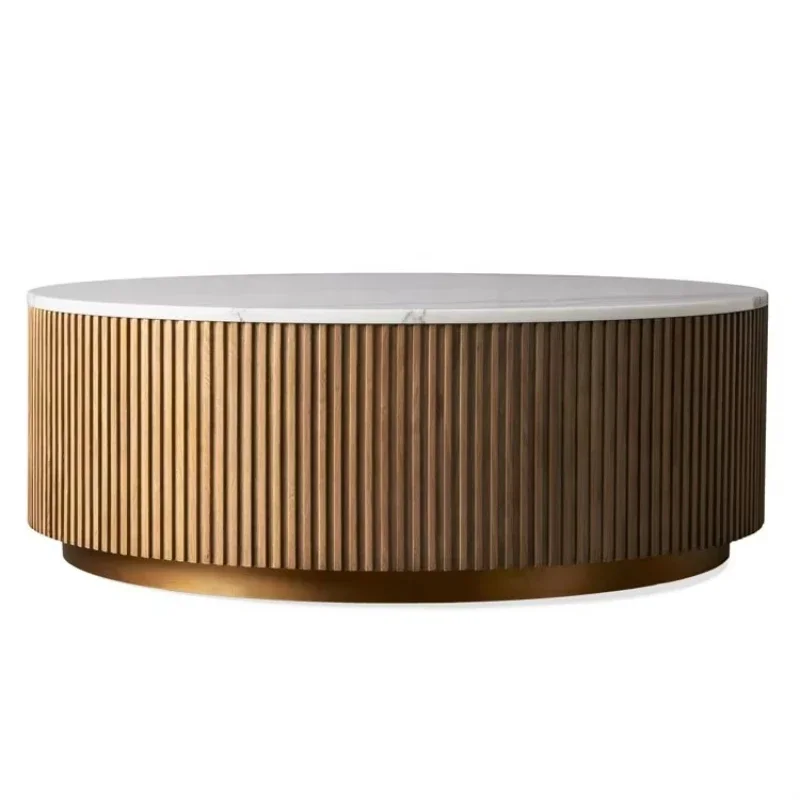

Solid oak round coffee table and coffee table, marble tabletop