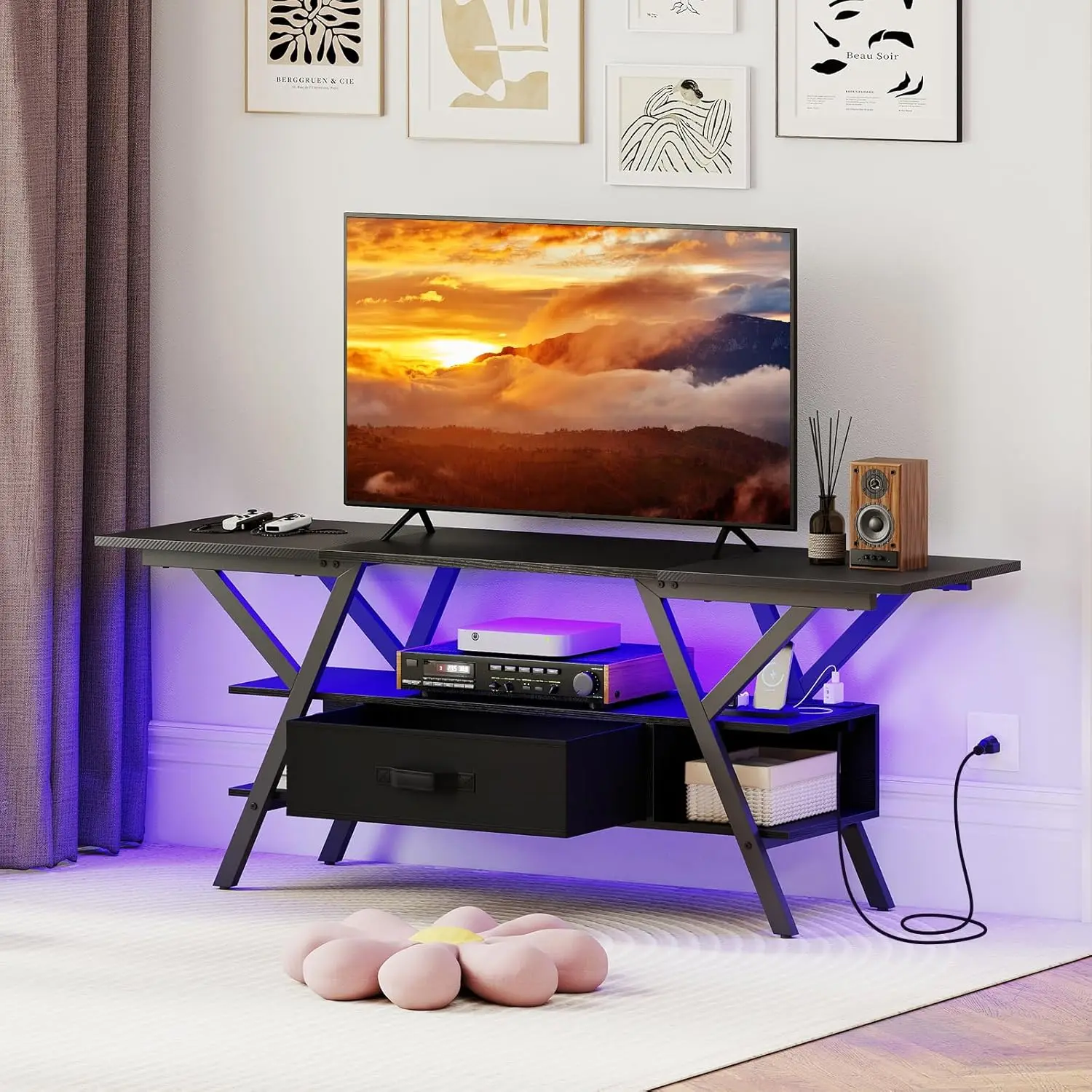 

Black TV Stand with Power Outlets for 55-65 Inch TV, 3-Tier Entertainment Center with LED Lights & Remote, Media, Customized