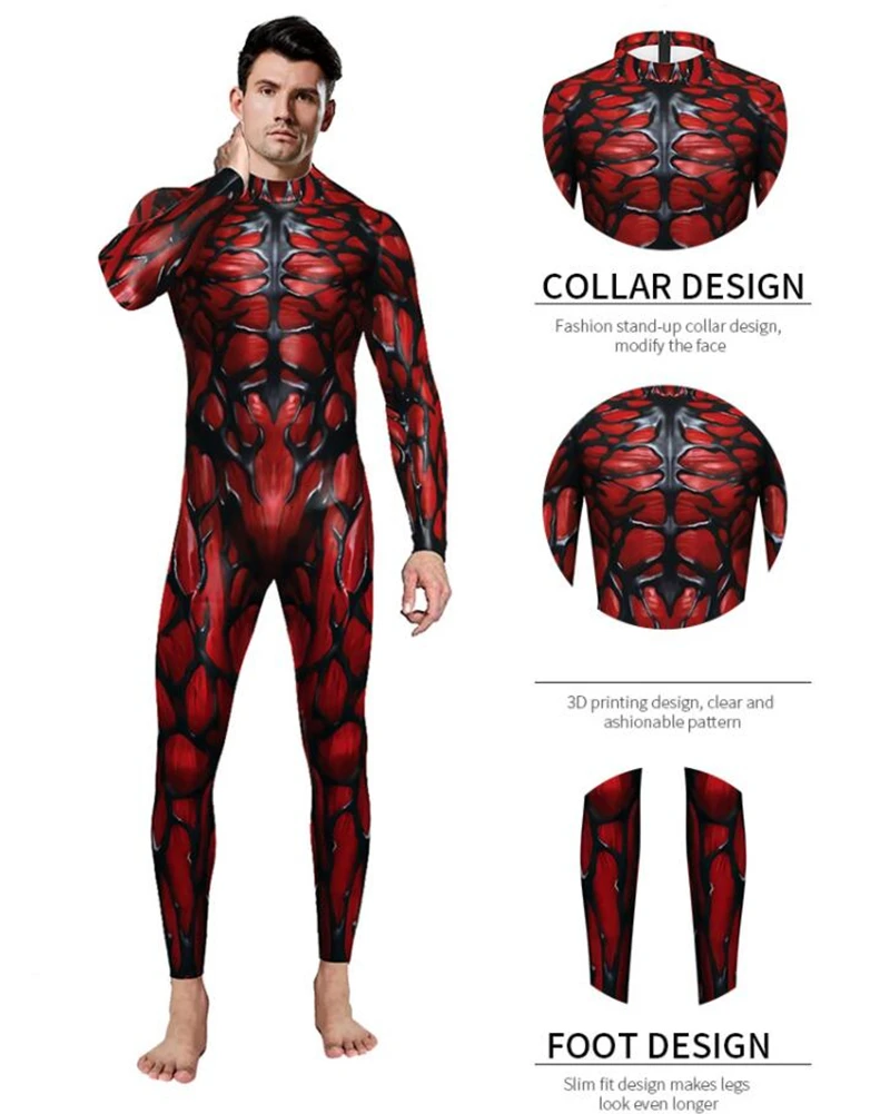 Traje de Cosplay de superhéroe Carnage, traje de Cletus Kasady, Sexy, ajustado, Catsuit, Zentai, disfraz de hombre, vestido de fantasía para Halloween