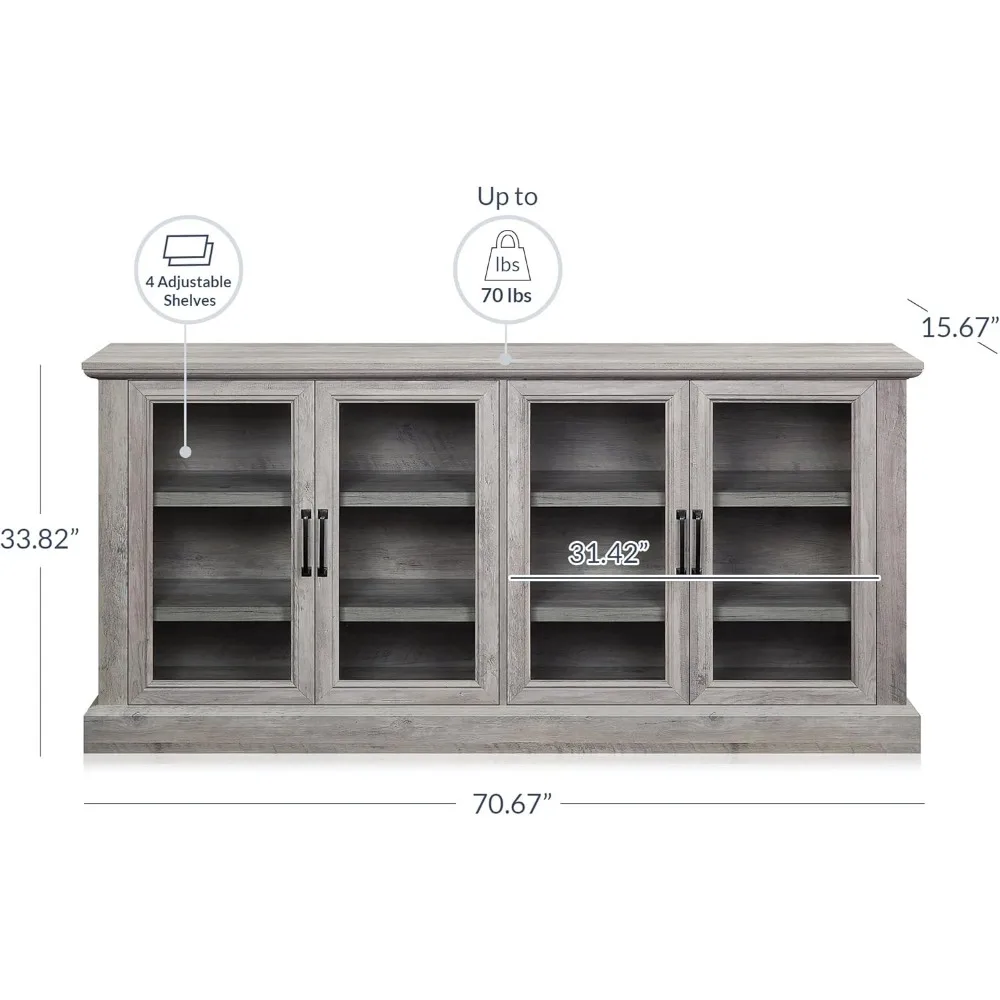 Armário buffet aparador de 70 polegadas, centro de entretenimento com armazenamento, armário de exibição de vidro com prateleiras ajustáveis console tabl