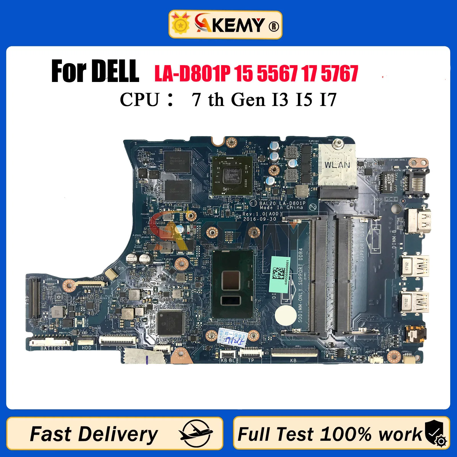 

CN-0KFWK9 0Y8N7H для DELL Inspiron 15 5567 17 5767 материнская плата для ноутбука BAL20 LA-D801P i3 I5 I7 материнская плата для ноутбука DDR4 протестирована