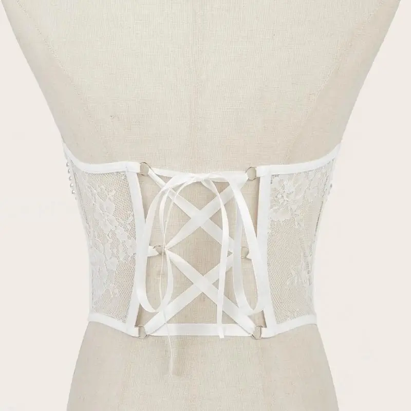 39BD Woman Lace Pattern Corset Bustier Waist Training Belt Corsets with Pearl Chain