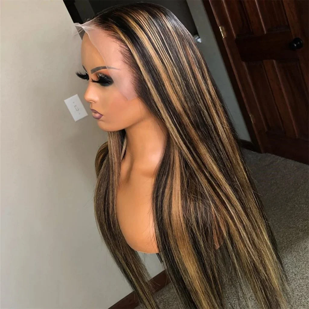 Image of 4/27 Highlight Perücke aus Echthaar, Honigblond, Vollständige 13x6 HD Lace Front Perücke, 220 Dichte, Ombre 13x4 Lace Frontal Perücke, Vorgezupft, Glatte Balayage Perücke für Schwarze Frauen