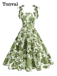 Tonval Vintage Knot Straps Summer Dress Holiday Outfits for 2025 Party Women Fit and Flare Floral Print Backless Swing Dresses