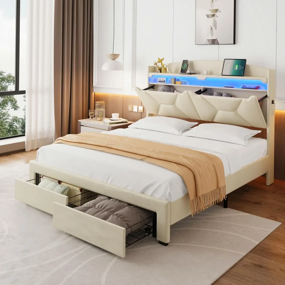 Queen Size Bed Frame with Storage Headboard, Queen Bed Frame with 2 Drawers, Upholstered Platform Bed with Charging Station and