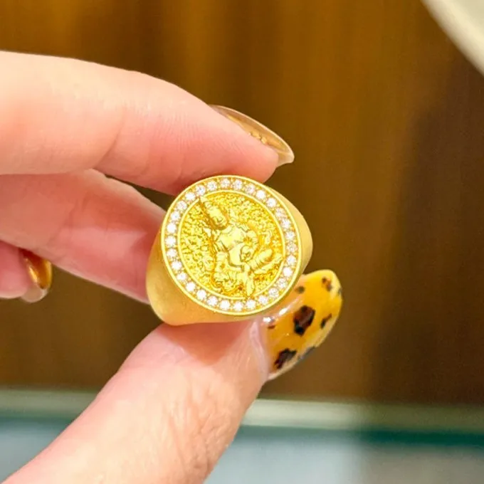 Sand gold ancient method golden god of wealth gilt ring point drill live mouth ring god of wealth ring 9999gold