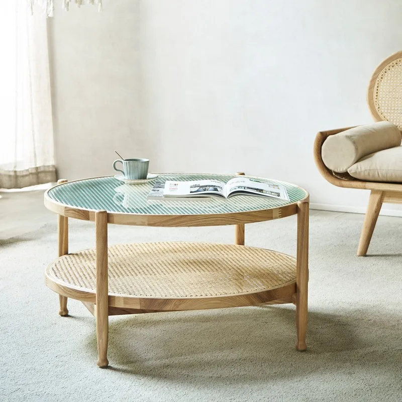 

Modern simple small apartment size round table combination household solid wood rattan coffee table living room double round cof
