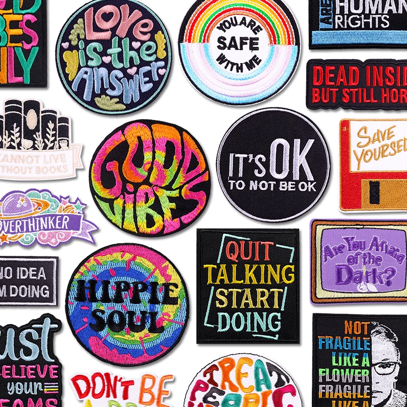 Good Vibes Patch Buchstabe/Cartoon-Stickerei-Patch zum Aufbügeln für Kleidung, personalisierte Buchstaben-Slogan-Patches auf Kleidung