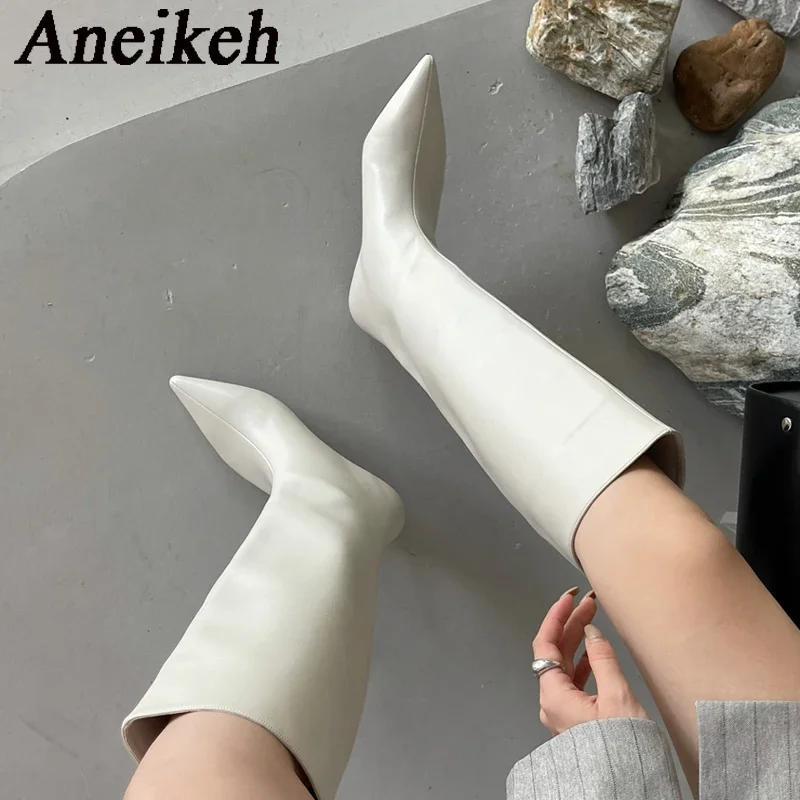 Aneikeh 2025 Fashion Sexy Pointed  Low Heels Knee Long Boots Women's Spring/Autumn PU Sewing Party Ball Western Boots 35-40