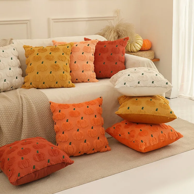 

Halloween Pillow Covers 18x18 Inch Cases Soft Plush Faux Couch Cushion Case for Sofa Home Decor Soft plush pumpkin orange pillow
