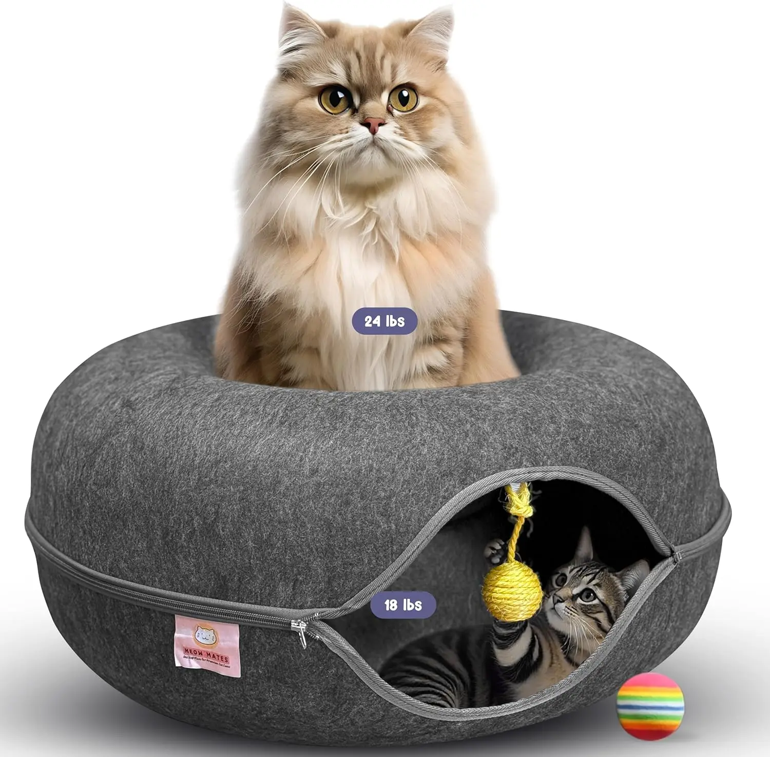 Large Cat Tunnel Bed with Hanging Toy - Cozy Cave for Indoor Cats up to 30lbs, Scratch-Resistant & Washable (24x24x11)