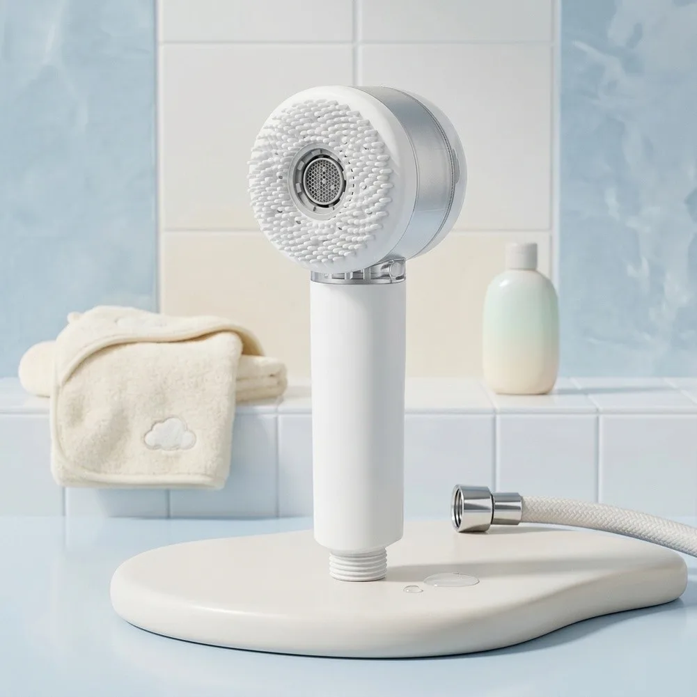 Infant Shower Head Designed for Sensitivity Soft Silicone Bristles Massage Function Two Spray Patterns ABS White