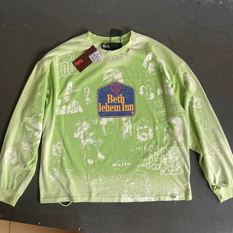 Mens Heavy Cotton Long Sleeve T-Shirt Mint Gradient Stone Wash All Over Graffiti Thrashed