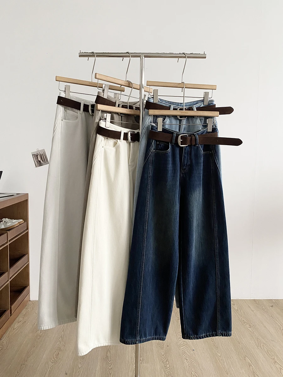 

Зимние женские джинсы 2025 года с высокой талией, свободного кроя, с эффектом потертости, прямые, в повседневном стиле, без стрейча, из денима