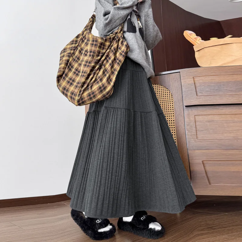 

Long Skirt Women Korean Fashion Fall Winter A Line Maix Skirt Female Retro Elastic High Waist Faldas Mujer Cake Skirt
