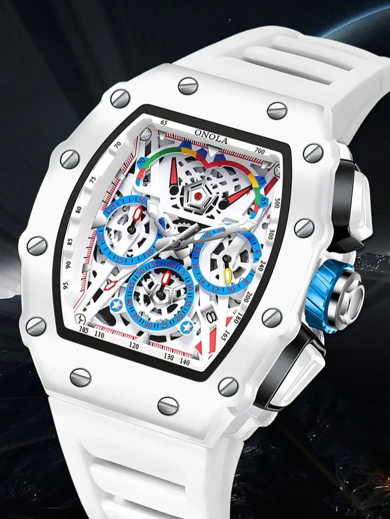Montre de luxe pour hommes ONOLA mode décontracté multifonctionnel bande de Silicone étanche montre à Quartz blanc