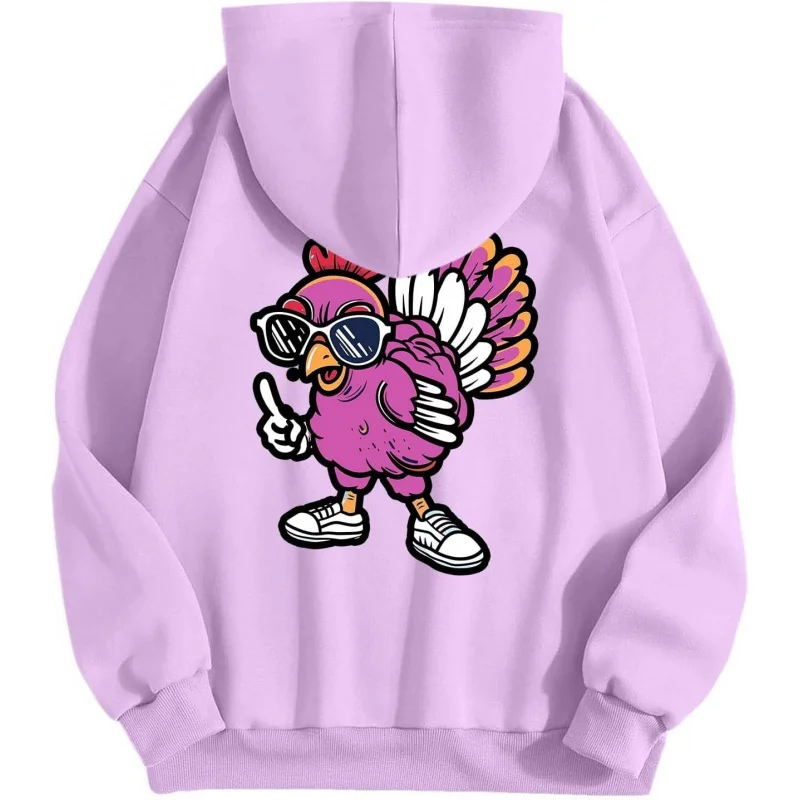 Women's Winter Warm Hoodie Thanksgiving Hoodie Purple Turkey Print Casual Loose Long Sleeve Style