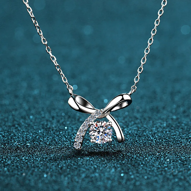 S925 Pure Silver Necklace, Moissanite Bow Pendant, Collarbone Chain