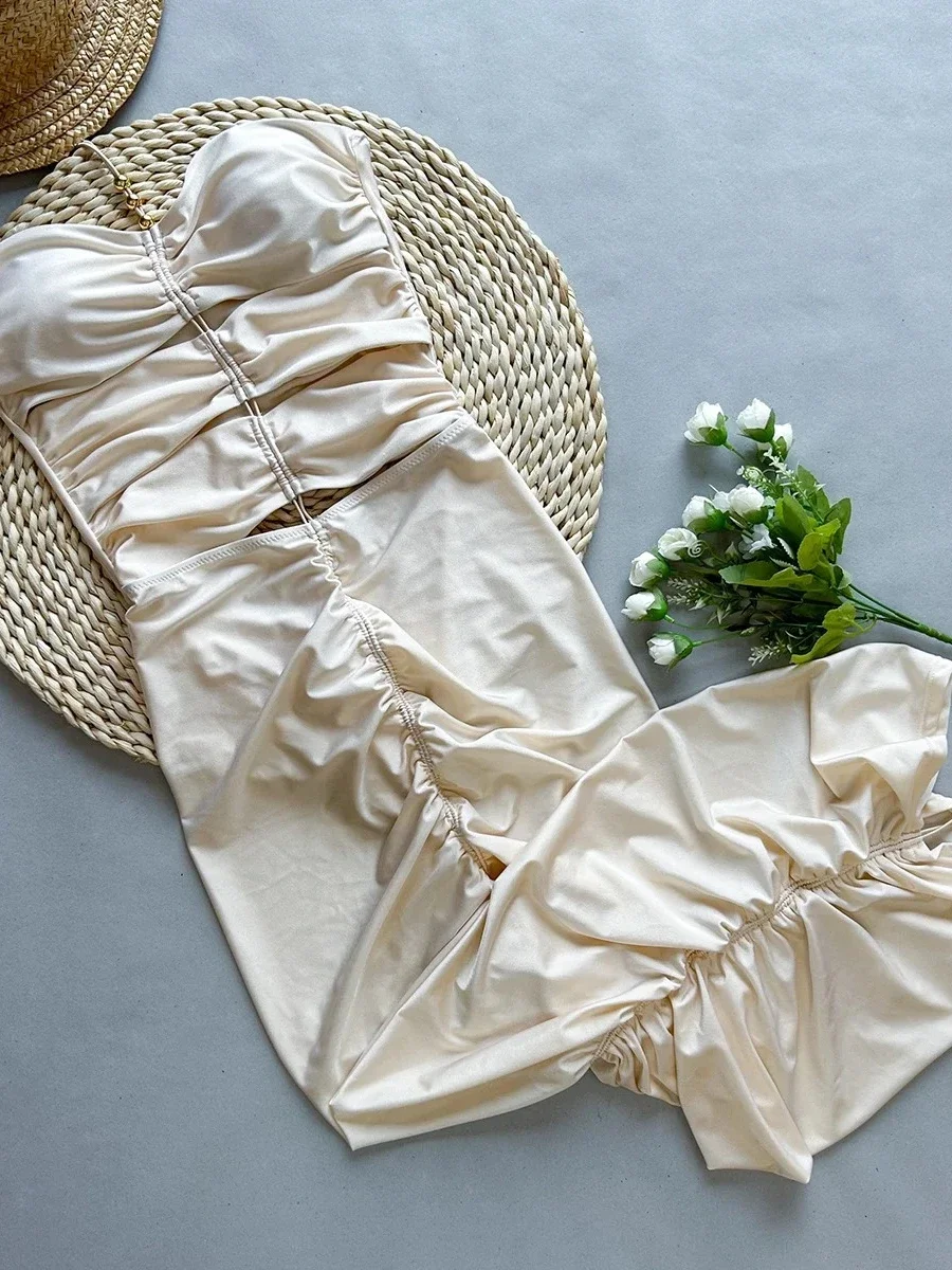 Solid Color One Piece Swimsuit High Waist Hollow Out Drawstring Wrinkle Dress Bikini Monokini Beach Vacation Swimwear 2025 New