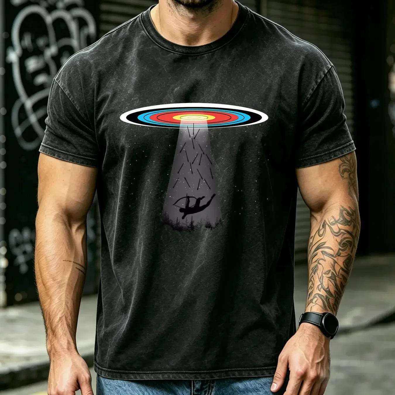washed T Shirt Traditional Archery Funny Ufo Target Recurve Bow vintage Washed Soft Comfortable Breathable