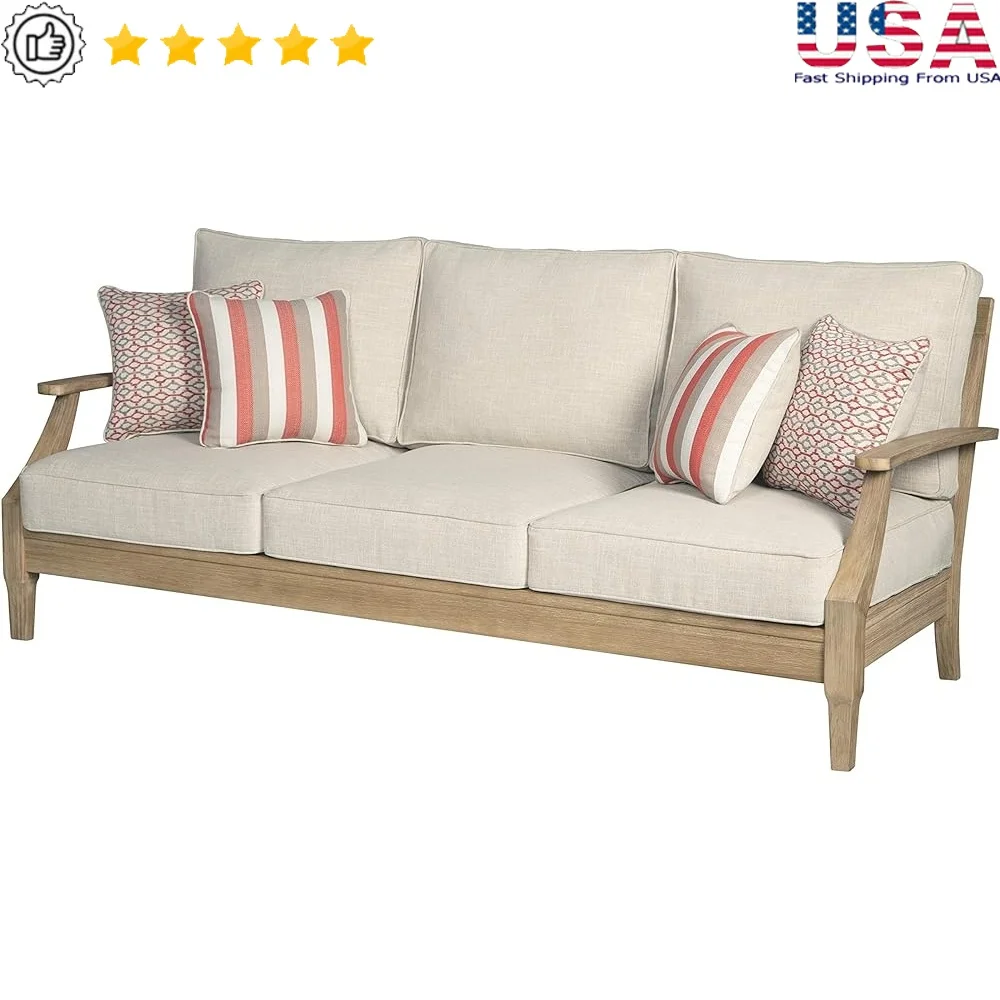 

Outdoor Eucalyptus Sofa with Cushions All-Weather Patio Seating Durable Construction 4 Throw Pillows Garden Balcony